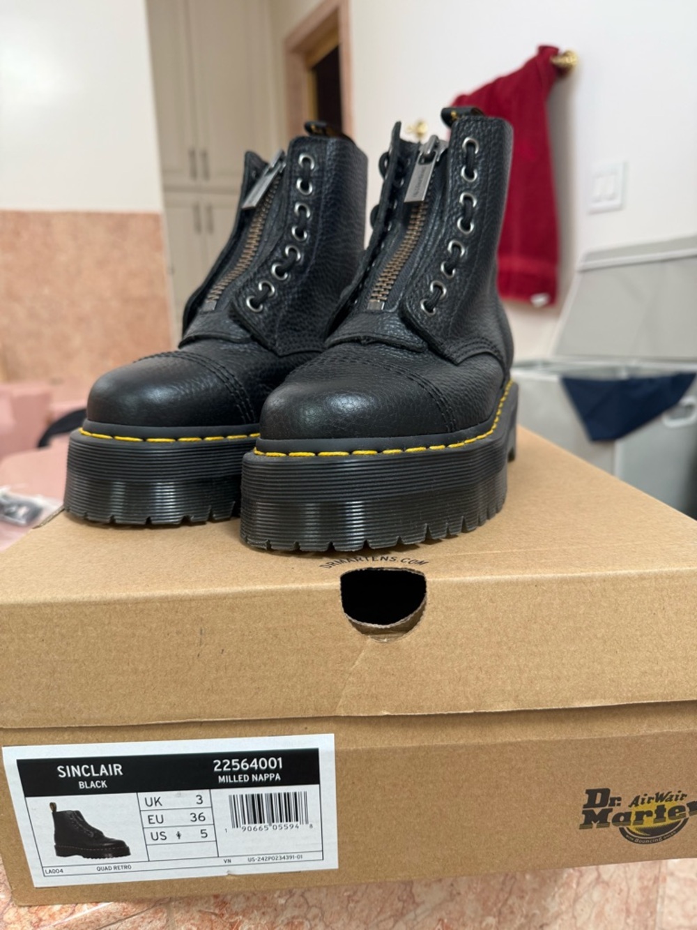 Dr. Martens Black Lace-Up Platform Ankle Boots with Yellow Stitching